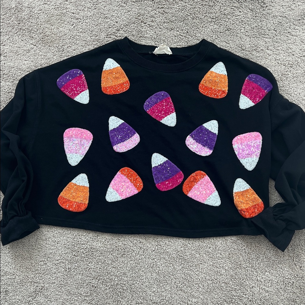 Sequin Candy Corn Halloween Cropped Sweatshirt Size Small